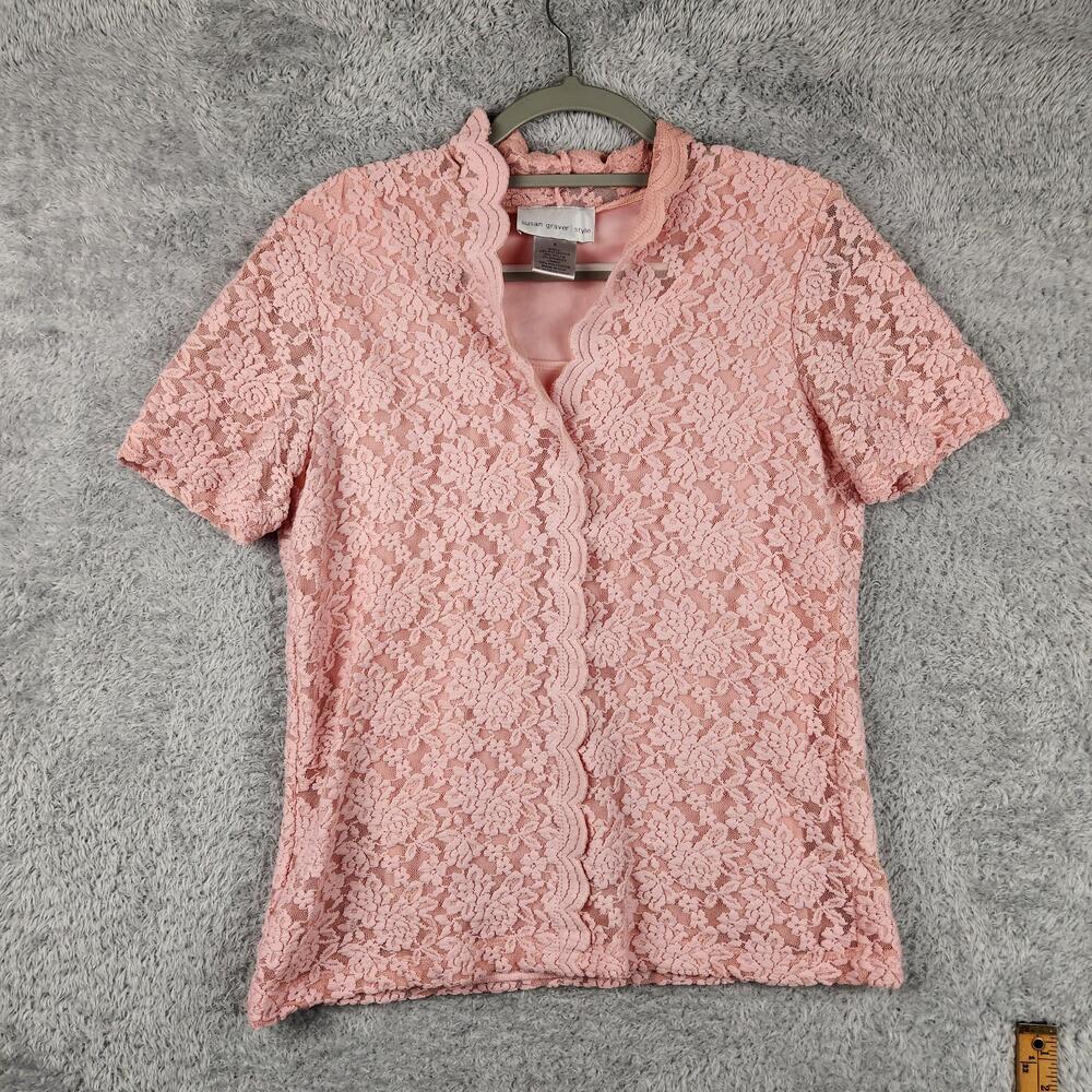 Vintage Susan Graver Shirt Womens Small Pink Lace Floral Fairy Boho Top USA 90s